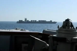 iranian flagged cargo ship m v touska as uss spruance conducts its interception in a location given as the north arabian sea