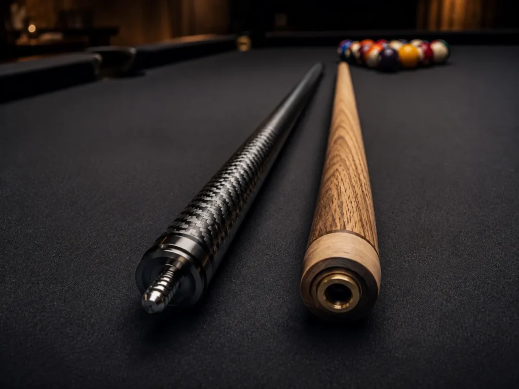 Carbon fiber cue shaft and traditional wood shaft placed side by side on a dark pool table.