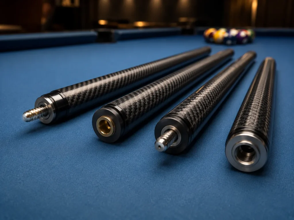 Close-up of carbon fiber cue shafts with different joint inserts and pin connection styles.
