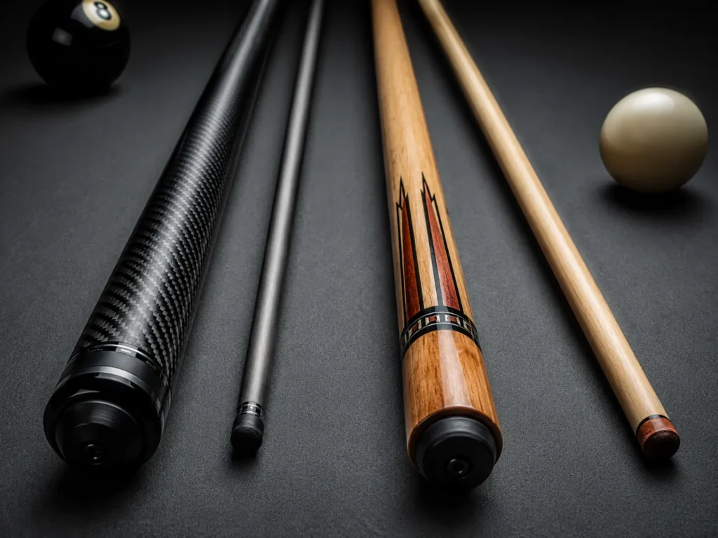 Carbon fiber pool cue and traditional wood pool cue placed side by side on a billiard table.