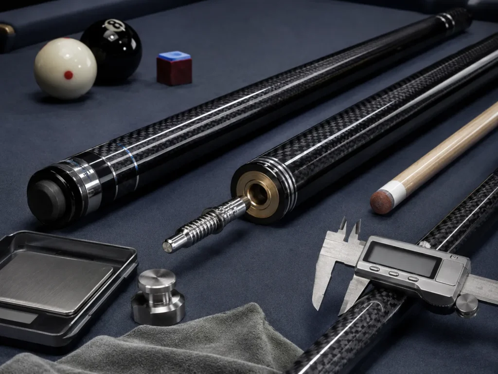 Close-up of carbon fiber pool cues with joint parts, measuring tools, cue tips, and weight scale.