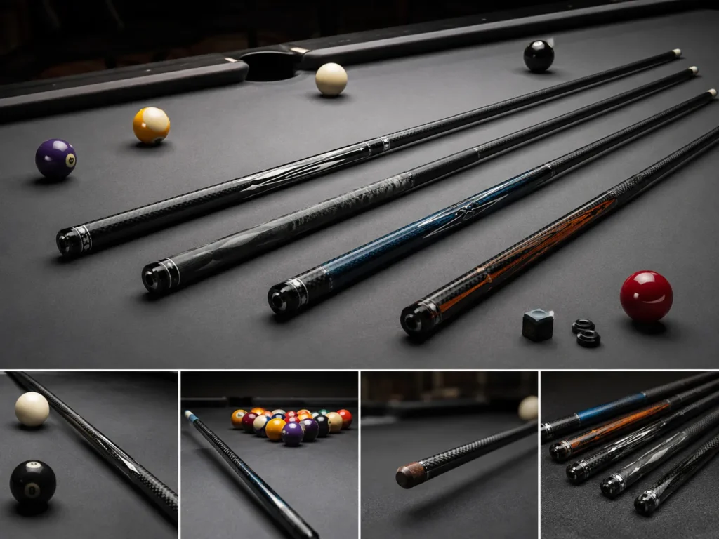 Multiple carbon fiber pool cues arranged on a pool table for playing, break, jump, and custom use.