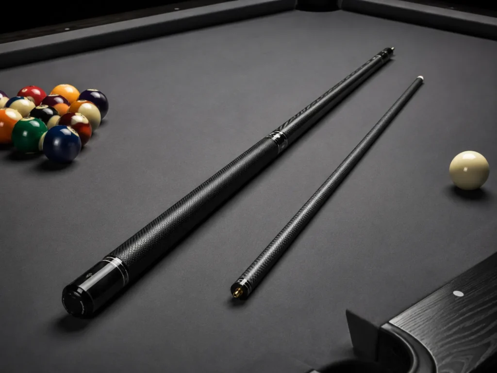 Full carbon fiber pool cue and separate carbon fiber cue shaft placed on a modern billiard table.