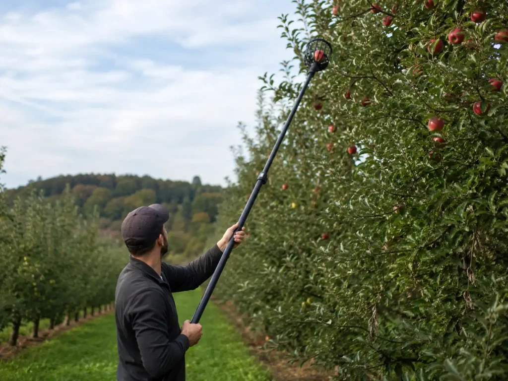 A worker using a long carbon fiber telescoping fruit picker pole to harvest apples in an orchard