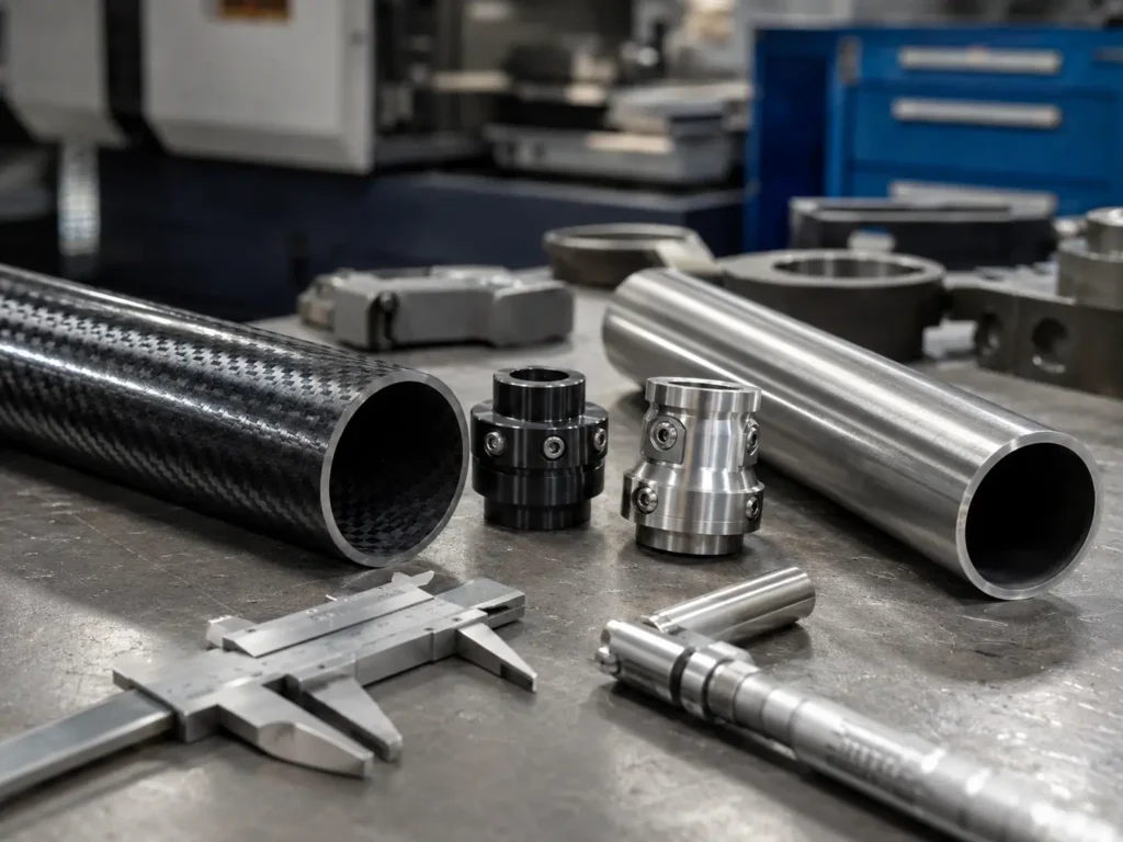 Carbon fiber tube and steel tube placed on a workshop table with metal connectors, calipers, and machining tools