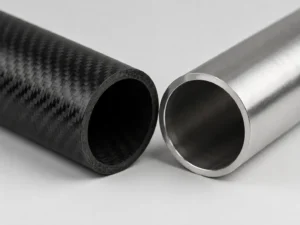 Tubo de fibra de carbono y tubo de acero cepillado, colocados uno al lado del otro, que muestran las diferencias en cuanto al material, la superficie y la estructura hueca del tubo
