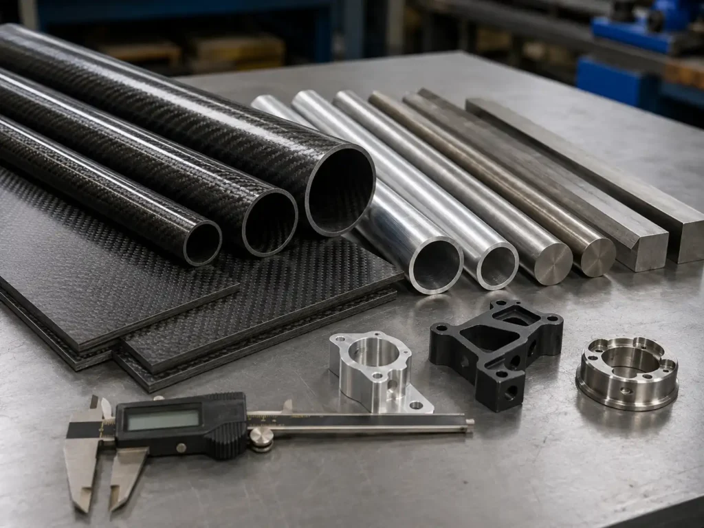 Carbon fiber tubes and sheets compared with aluminum and steel samples on an industrial workbench