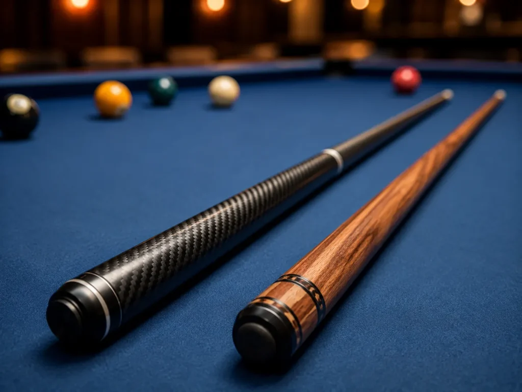 Carbon fiber pool cue and traditional wood pool cue placed side by side on a pool table for material comparison.