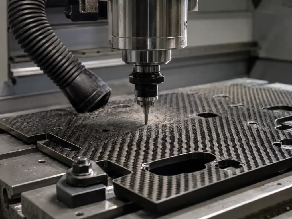 CNC machine cutting and drilling a carbon fiber sheet for custom carbon fiber plate production