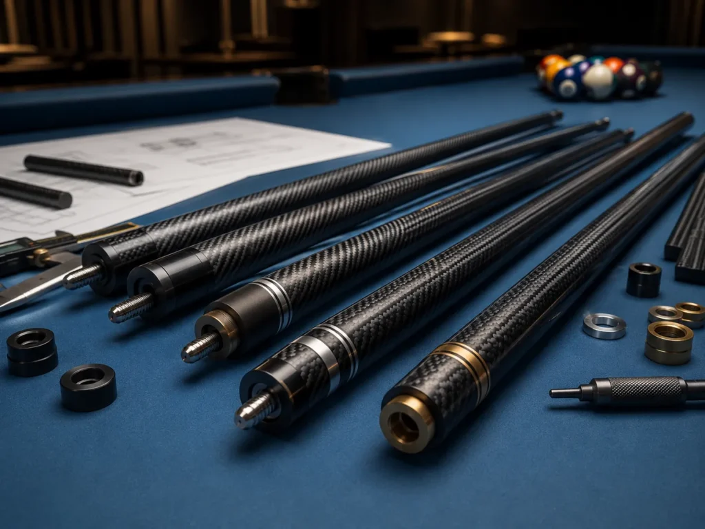 Custom carbon fiber cue shafts with joint parts and technical drawings for OEM development.