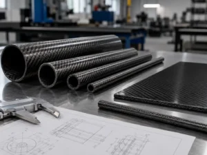 Tubos, láminas y varillas de fibra de carbono fabricados a medida sobre una mesa de taller, junto con planos técnicos e instrumentos de medición