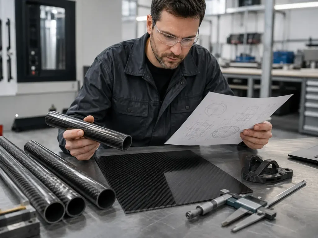 Engineer inspecting carbon fiber tubes and sheets with technical drawings for a custom carbon fiber quote