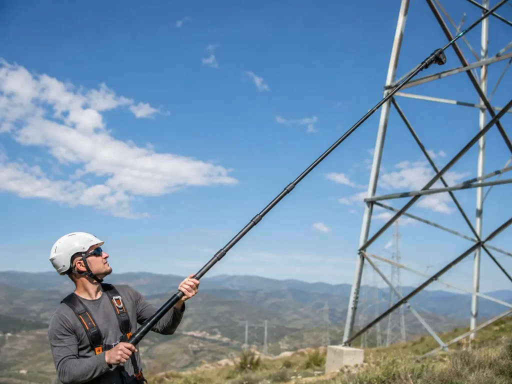 Worker using a carbon fiber telescoping pole for outdoor utility inspection near a metal tower