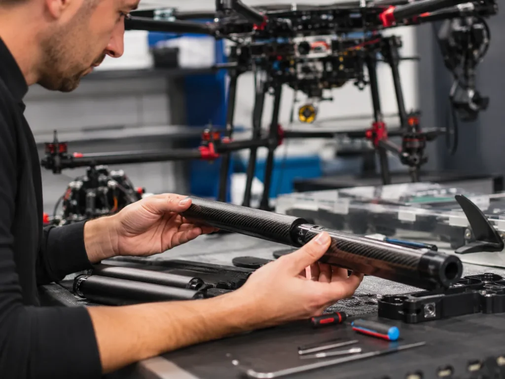 Digital caliper measuring carbon fiber tube diameter with T300 and T700 tube samples on a workbench