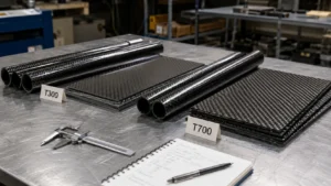 T300 and T700 carbon fiber tubes and sheets arranged on a workshop table for material comparison
