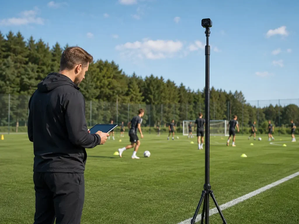 Coach using a tablet beside a telescopic carbon fiber camera pole recording a soccer training session.