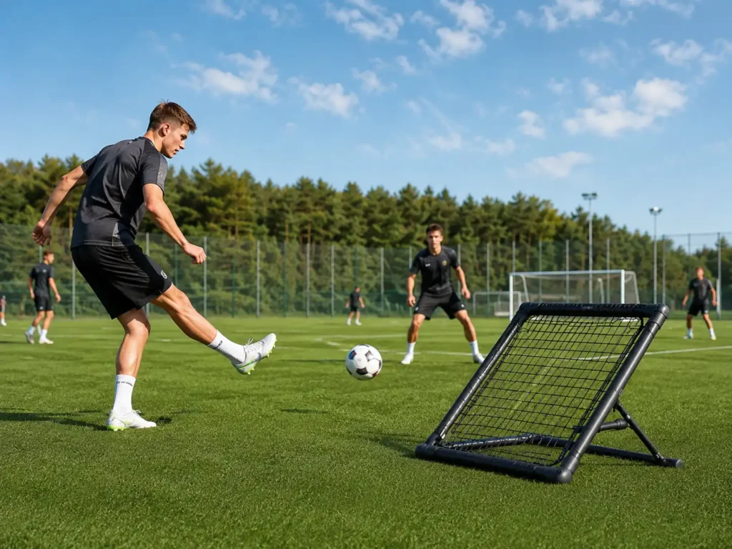 Soccer player using a carbon fiber rebounder frame for passing and ball control practice on a training field.