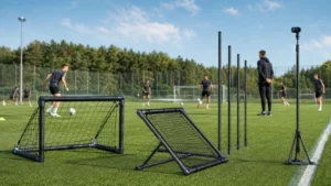 Equipamiento de entrenamiento de fútbol fabricado en fibra de carbono para un campo de fútbol, que incluye postes de agilidad, estructura de rebote, portería portátil y poste para cámara, destinado al entrenamiento profesional.