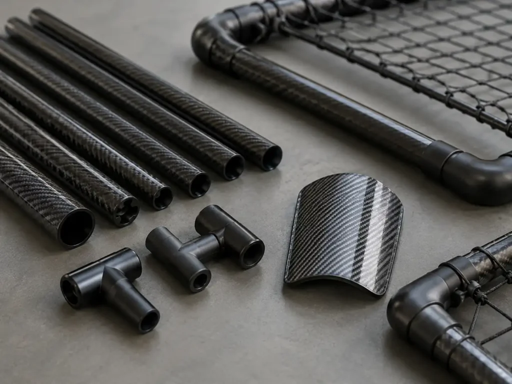 Custom carbon fiber tubes, connectors, rebounder frame parts, and protective plate for OEM soccer training equipment development.