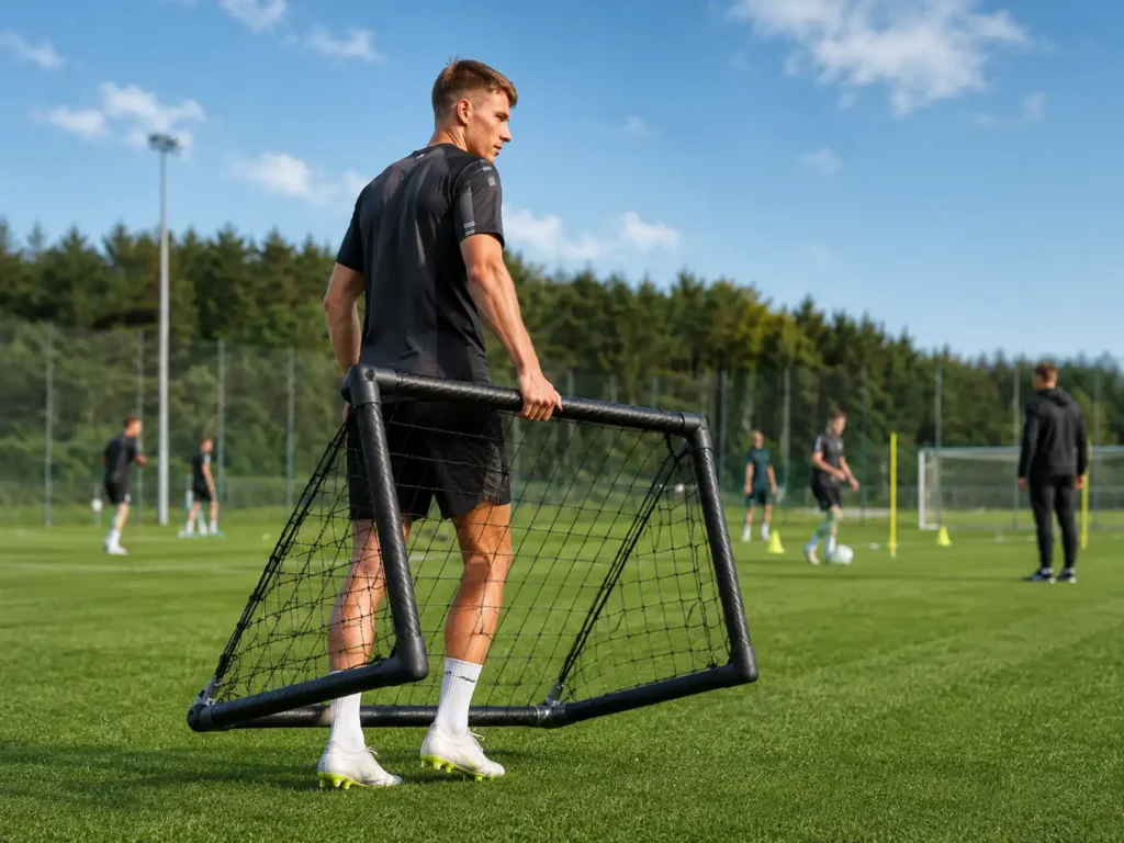 Player carrying a lightweight carbon fiber portable soccer goal frame during football training.