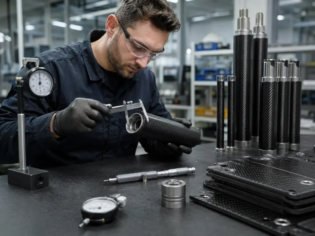 Technician measuring a custom carbon fiber tube and metal insert during dimensional and quality inspection