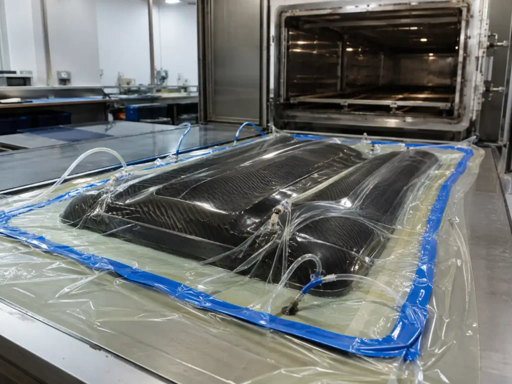 Technician placing carbon fiber fabric on a mold during the custom carbon fiber layup process