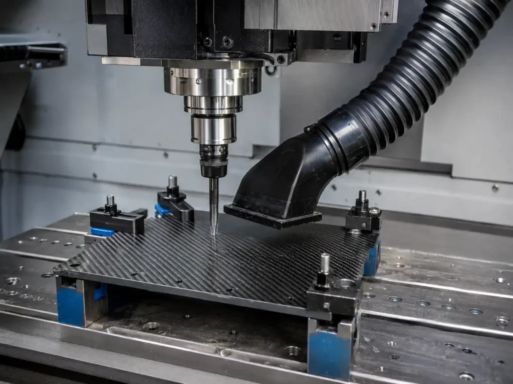 Custom carbon fiber component under vacuum bagging before oven curing in a composite manufacturing workshop