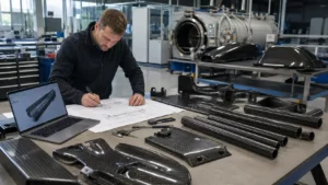 Engineer reviewing technical drawings with custom carbon fiber tubes, plates, and molded parts for OEM production